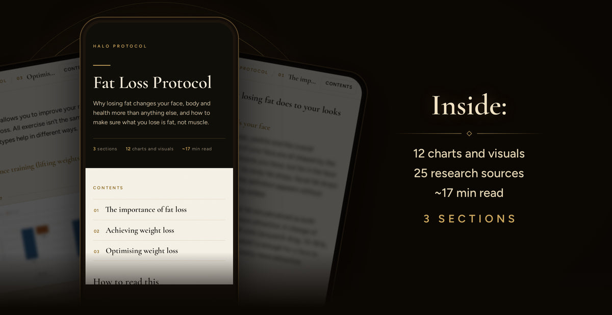 Fat Loss Protocol, inside: 12 charts and visuals, 25 research sources, ~17 min read, 3 sections