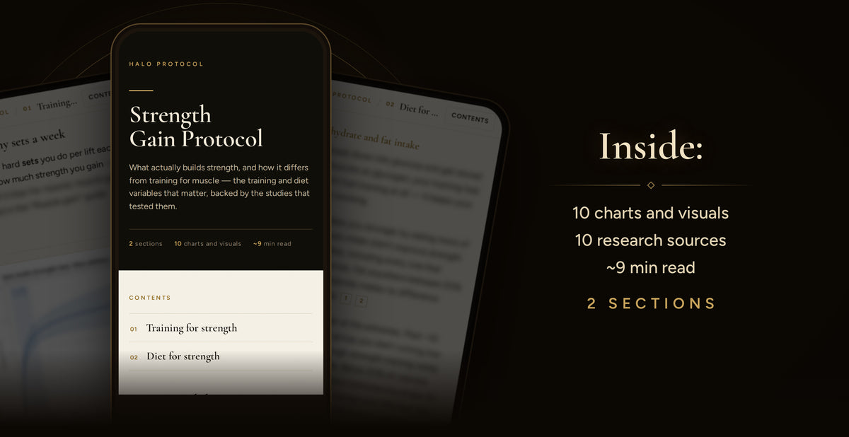 Strength Gain Protocol, inside: 10 charts and visuals, 10 research sources, ~9 min read, 2 sections